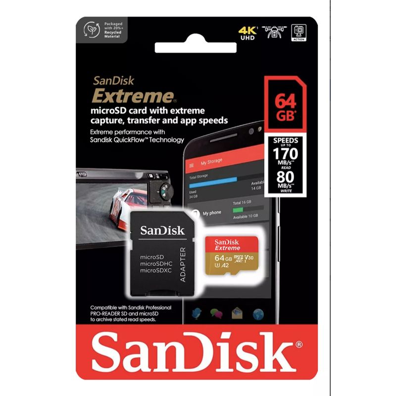 SANDISK - Memoria Micro SD SanDisk Extreme 64GB 4K UHD Alta velocidad 170Mbs