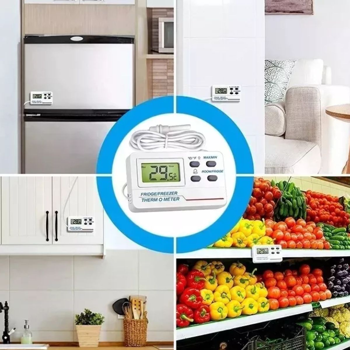 KUANGYE - Termometro Digital Refrigerador Sonda Y Alarma Max Min C° F°