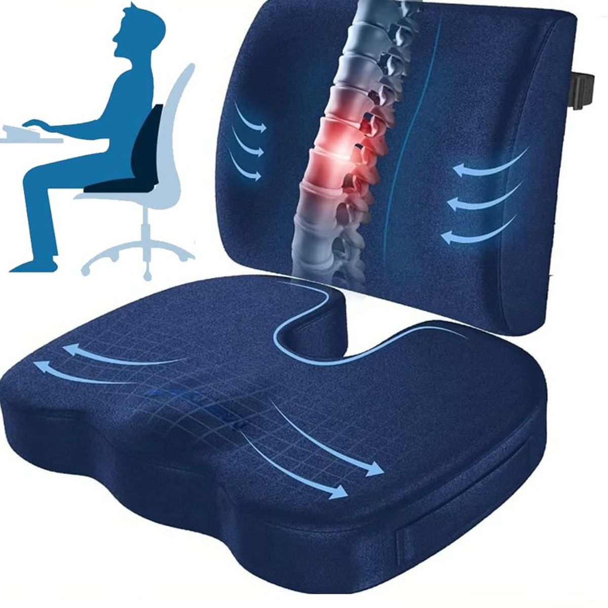 KUANGYE - Cojin Lumbar Y Asiento Para Coxis y Ciatica LumbarAzul