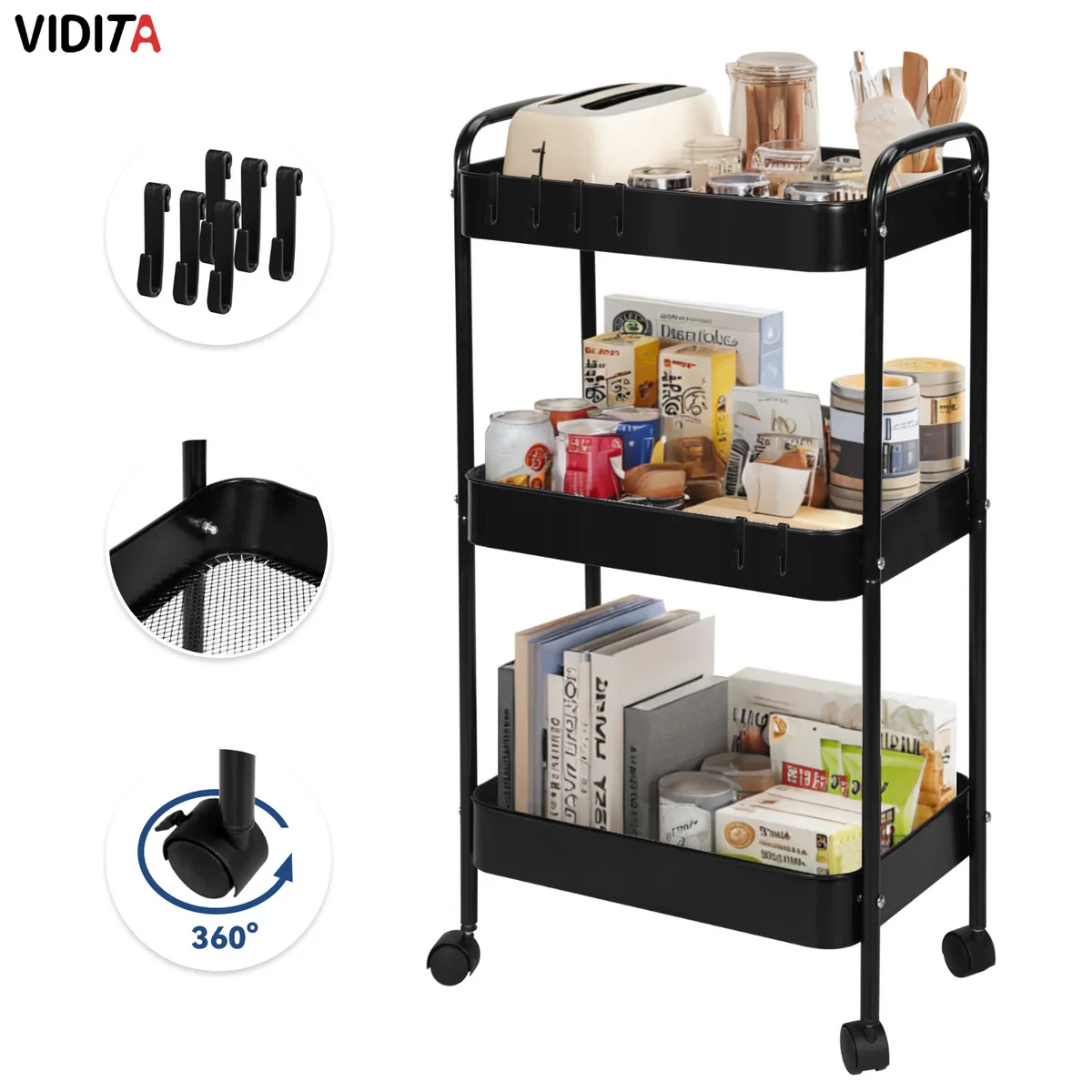 REBONEC - Carrito Organizador Metal 3 Niveles Estante Ruedas Bloqueables Negro