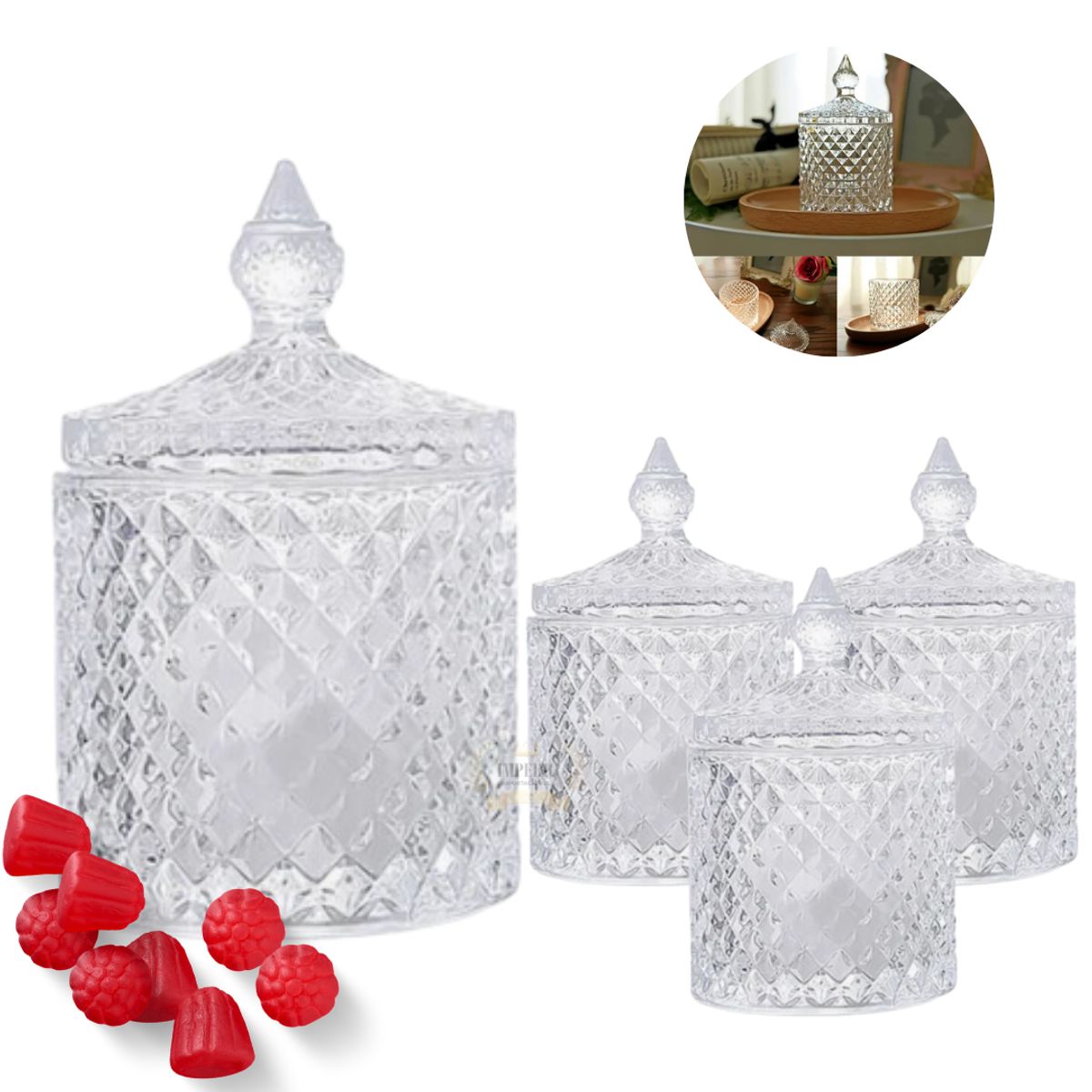 GENERICO - Bombonera Azucarero Caramelera Decorativa De Vidrio Pack 4