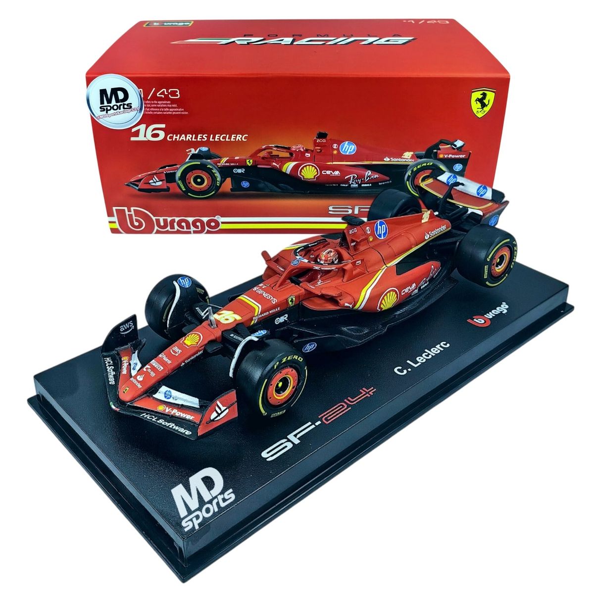BBURAGO - Auto F1 Ferrari SF-24 2024 #16 Ch. Leclerc Caja Acrilic 1:43