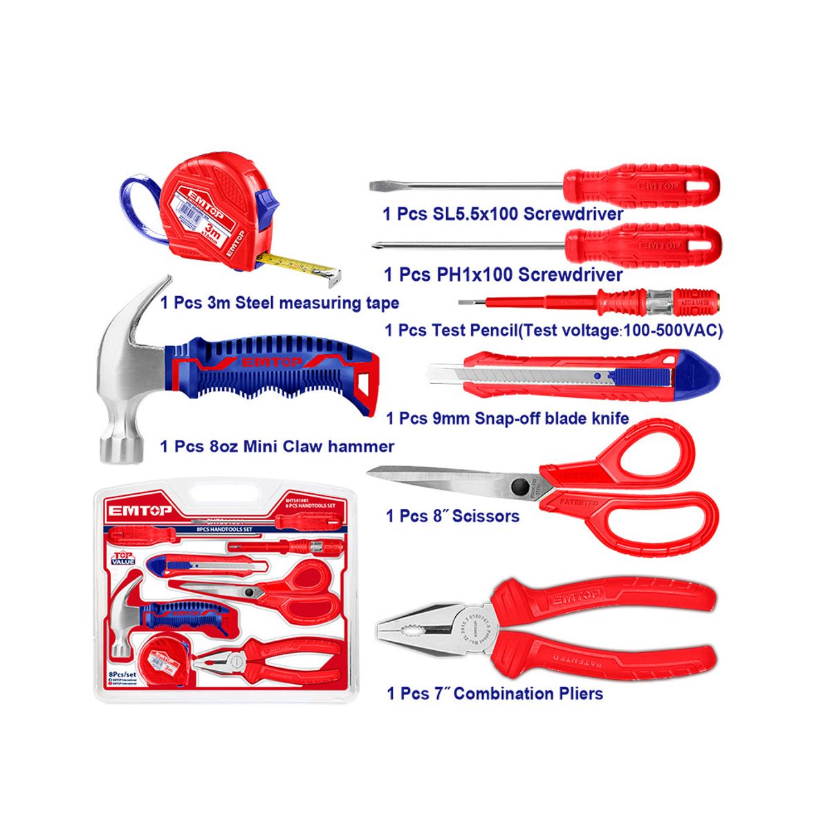 EMTOP - Pack de 8 Herramientas Manuales EHTS01081 EMTOP