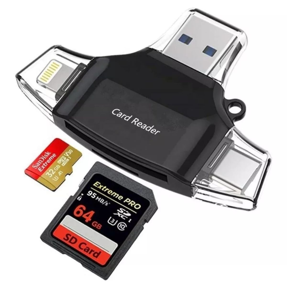 GENERICO - Adapatador 4 en 1 OTG Lector de SD, USB, Tipo C, Lightning, Micro B