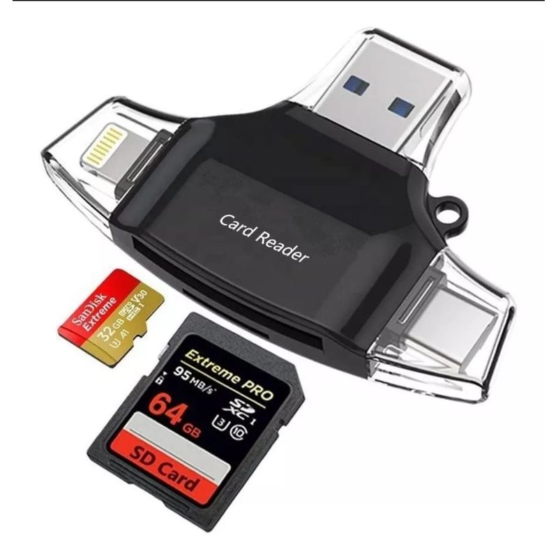 GENERICO - Adapatador 4 en 1 OTG Lector de SD, USB, Tipo C, Lightning, Micro B