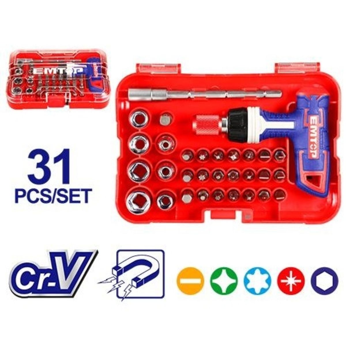 EMTOP - Set de 31 Piezas de Llaves con Mango en T EMTOP EBST03102