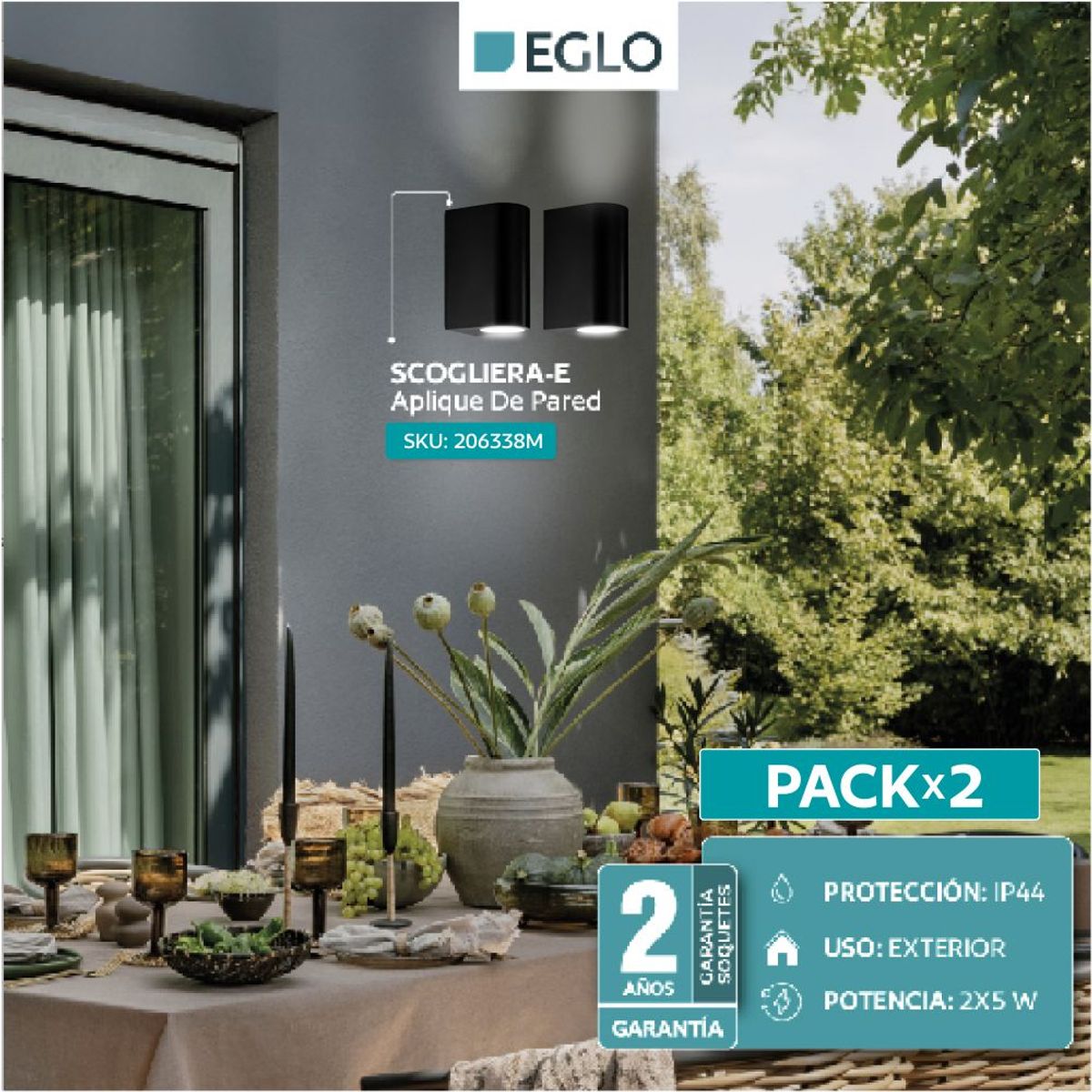 EGLO - Pack x2 Lámpara Apliqué Scogliera Negro Gu10 IP44 Exterior Cod206338M