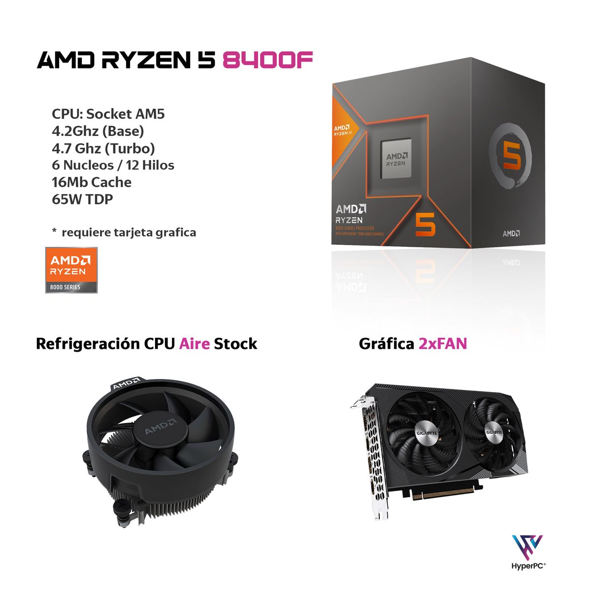 HYPERPC - PC GAMER + MONITOR 27 + Perif: AMD RYZEN 5 8400 32Gb 1Tb RTX 3050