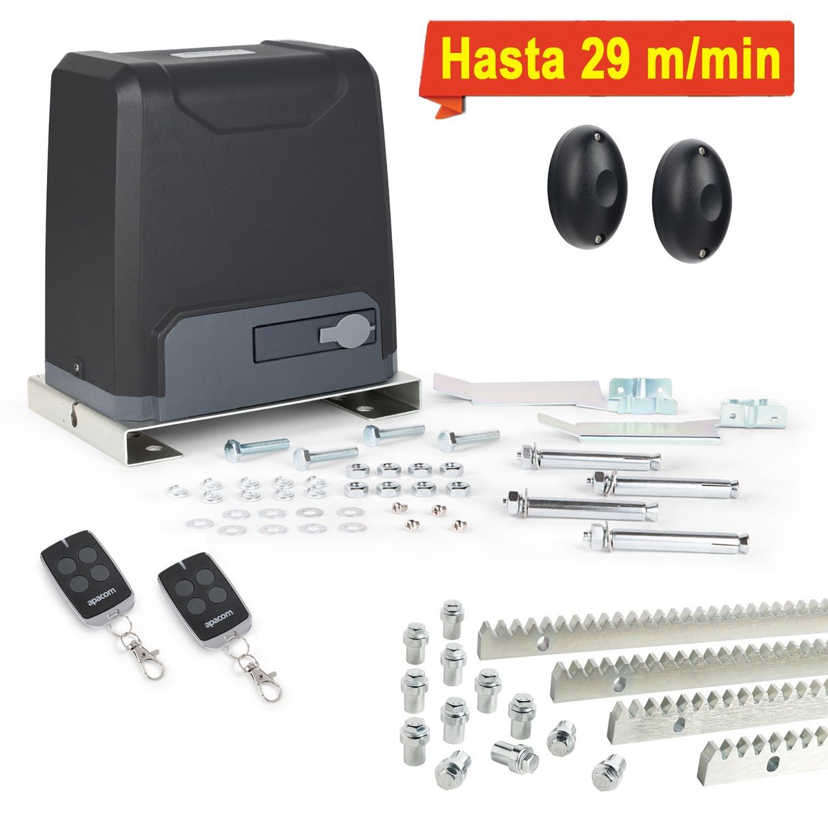 APACOM - Kit motor portón ROLLER600H, 600 kg, 4 m cremallera metal y fotocelda