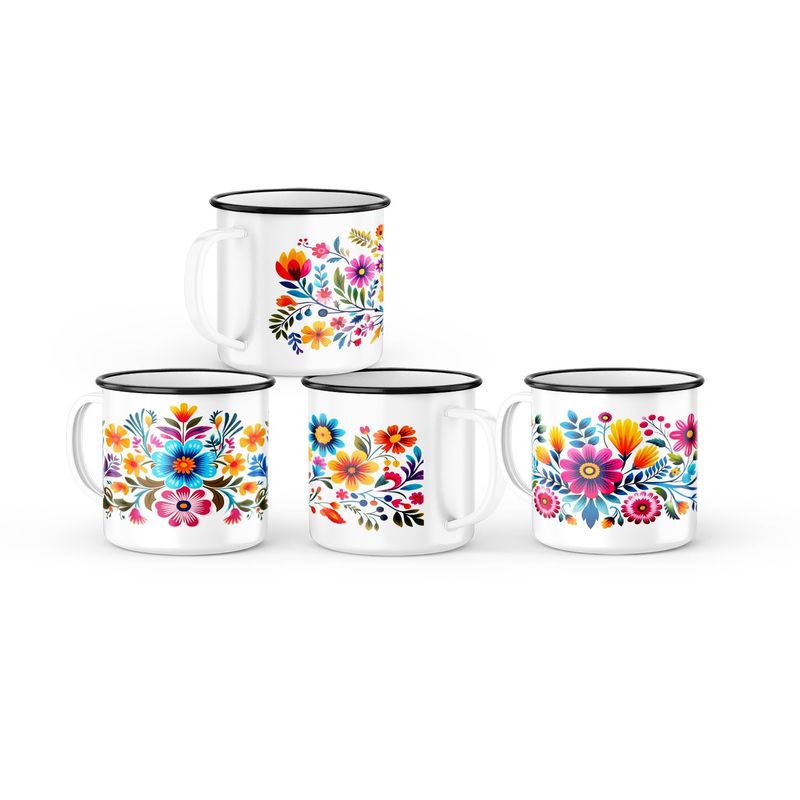 GENERICO - Pack de 4 tazones enlozados Negro con Flores