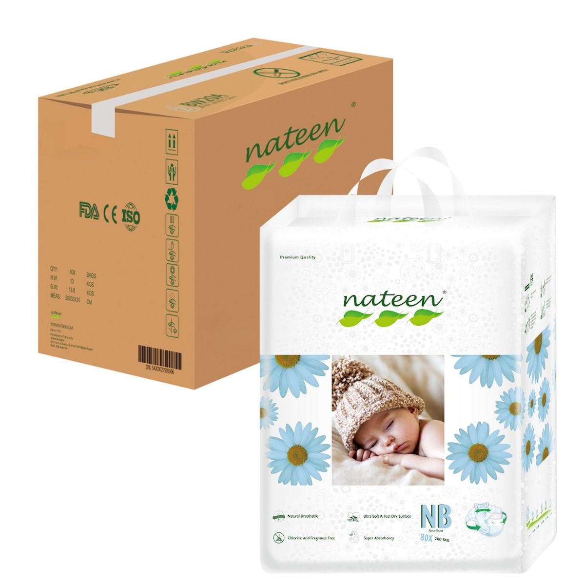 NATEEN - Pañales PREMIUM para bebe nateen  Ecológicos Talla RN 160uni