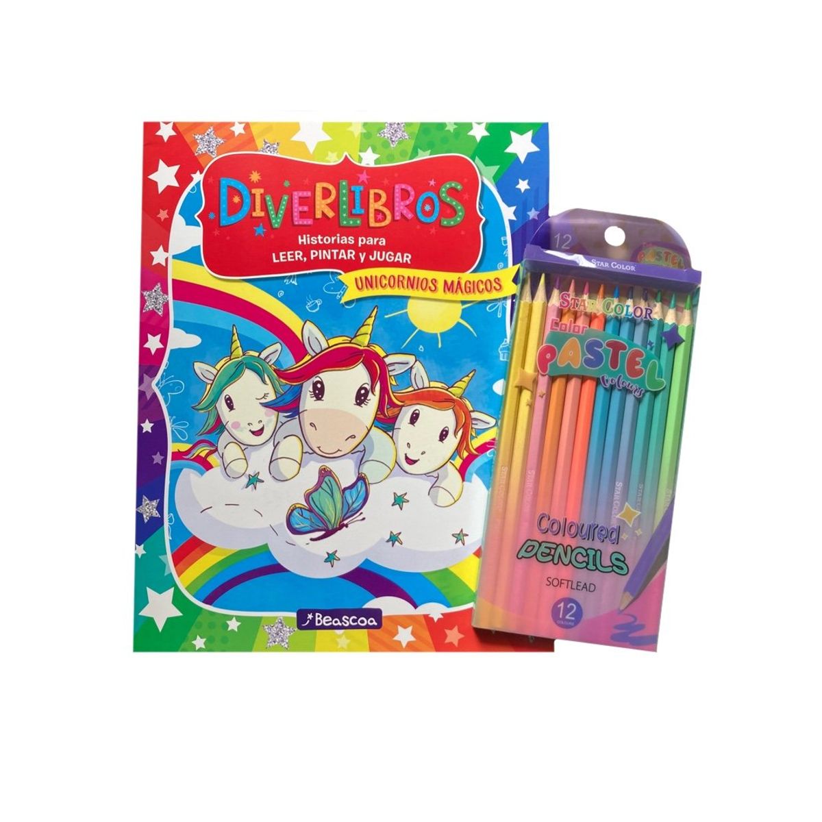BEASCOA - Libro para colorear - Diverlibros - Unicornios mágicos + Set lápices pastel