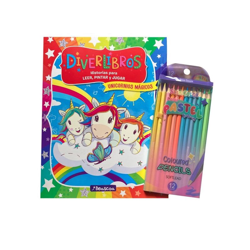 BEASCOA - Libro para colorear - Diverlibros - Unicornios mágicos + Set lápices pastel