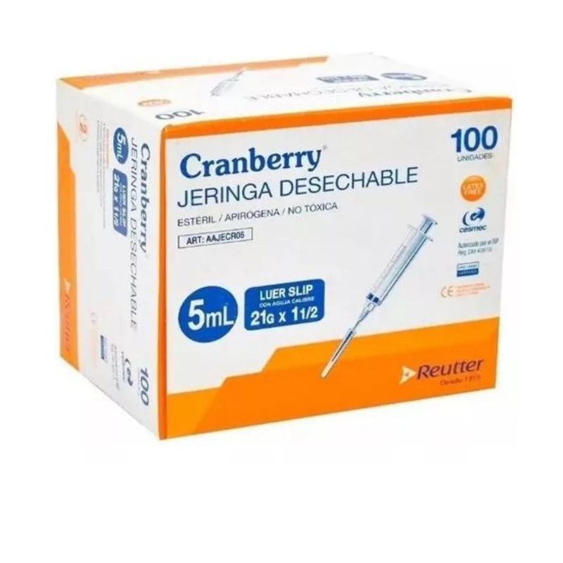 CRAMBERRY - Jeringa Desechable Luer Slip 5cc 21g X 1 1/2 Caja 100 Unid.