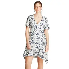 CURVI - Vestido Midi Crudo Manga Corta Estampado Cuello V