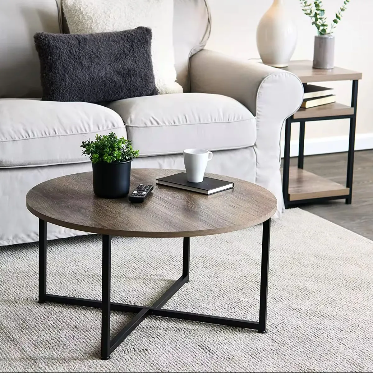 HABITA2 CHILE - Mesa de centro redonda madera natural base metal 80cm diametro