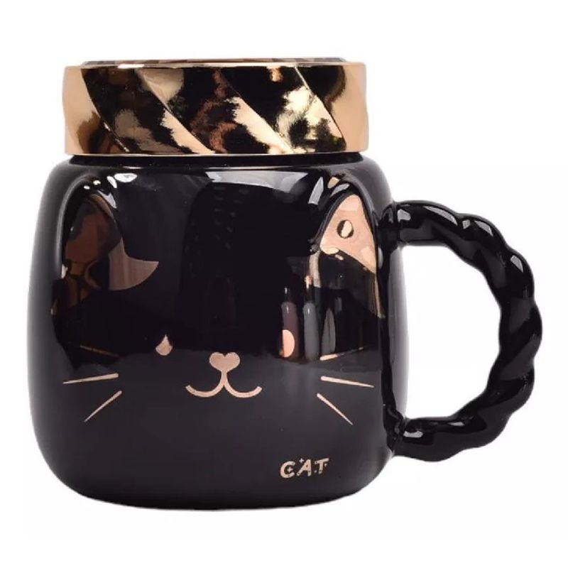 GENERICO - Taza Mug Gatito Tapa Dorada Tazón Lindo Regalo Catlover Café Negro