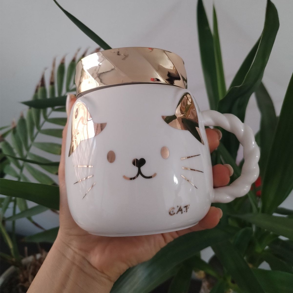 GENERICO - Taza Mug Gatito Tapa Dorada Tazón Lindo Regalo Catlover Café Blanco