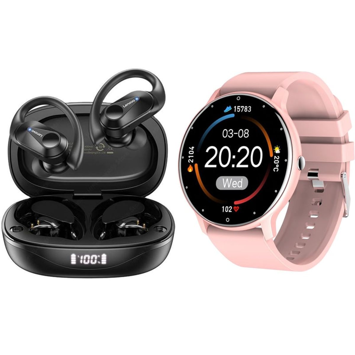LENOVO - ZL02D reloj inteligente deportivo+combo Lenovo tws LP75-Rosa+Negro