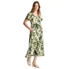 CURVI - Vestido Maxi Beige Manga Corta Cuello V