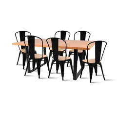 KLIK - Mesa Industrial 140x90 Cl + 6 silla Tolix Negra con asiento madera Cla