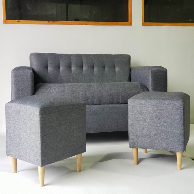 MUEBLES NEW - SOFA DOS CUERPOS MAS DOS PUFF GRIS OSCURO LINO.