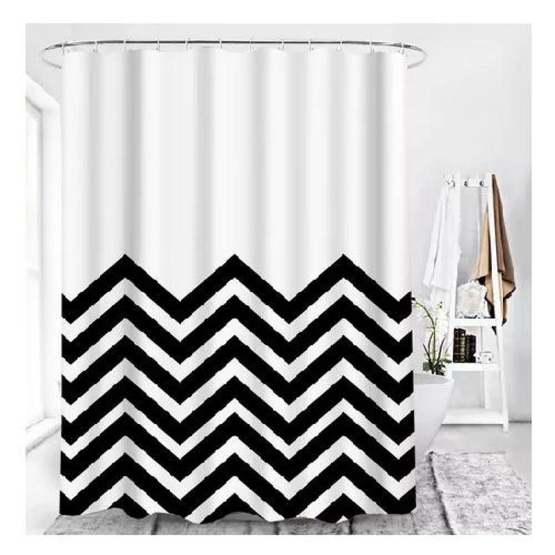 GENERICO - Cortina de baño impermeable blanca con ondas negras elegantes