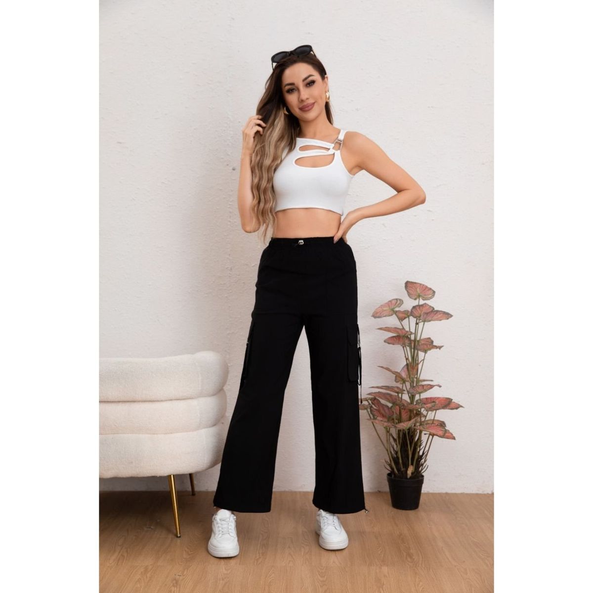 LIKE SHOP - Pantalon Mujer Cargo Recto Ancho Tendencia 0106