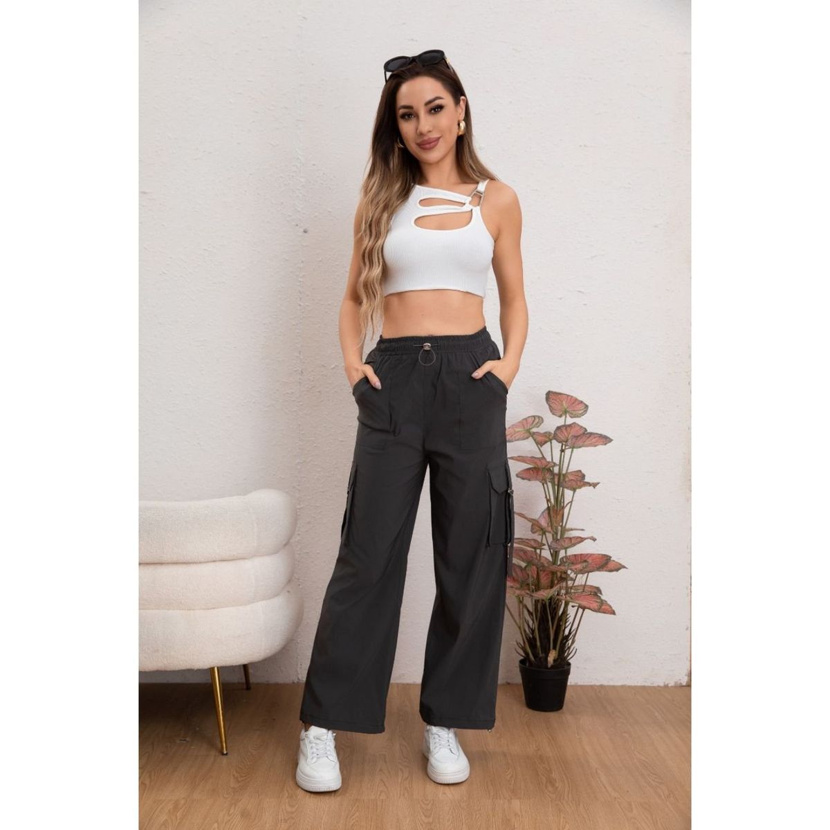 LIKE SHOP - Pantalon Mujer Cargo Recto Ancho Tendencia 0106