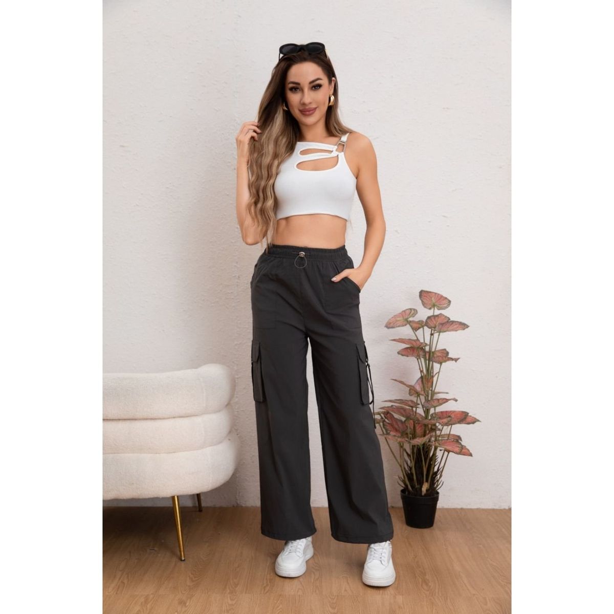 LIKE SHOP - Pantalon Mujer Cargo Recto Ancho Tendencia 0106