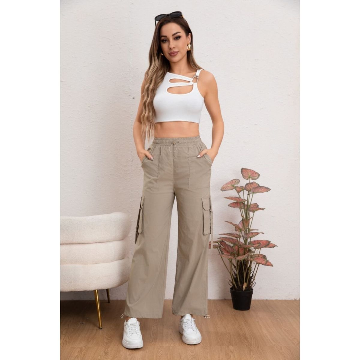 LIKE SHOP - Pantalon Mujer Cargo Recto Ancho Tendencia 0106