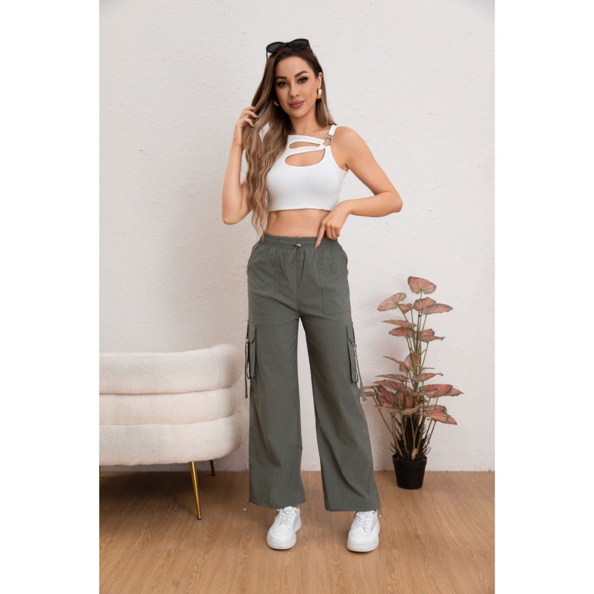 LIKE SHOP - Pantalon Mujer Cargo Recto Ancho Tendencia 0106