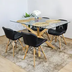 CORI CORI - Comedor Madrid Vidrio 140x80cm + 4 Sillas Mariposa Eames Negras