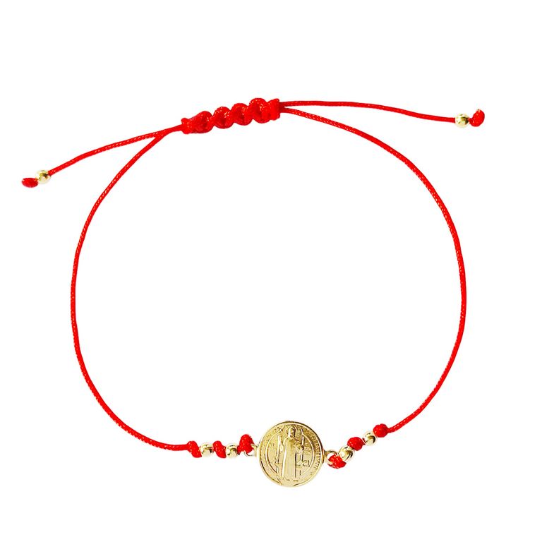 Pulsera San Benito Bolitas Enchapado Oro 18K Cordon Rojo Dorado TALLA UNICA