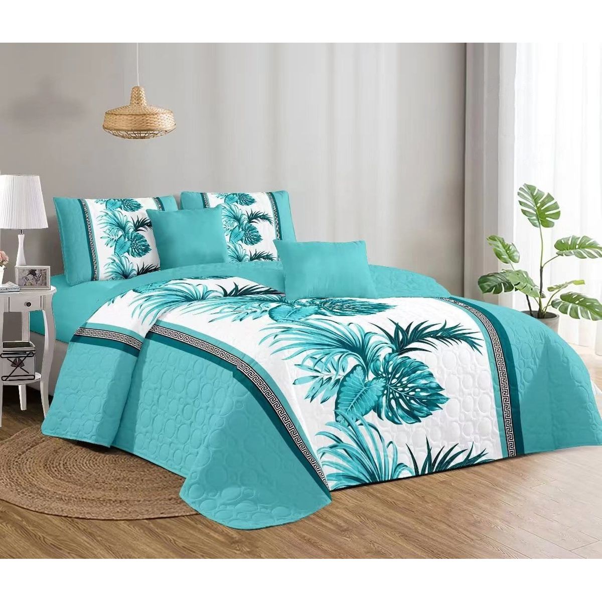 GENERICO - CUBRECAMA QUILT DE VERANO 1.5 PLAZA DISEÑO PALMA CELESTE TF