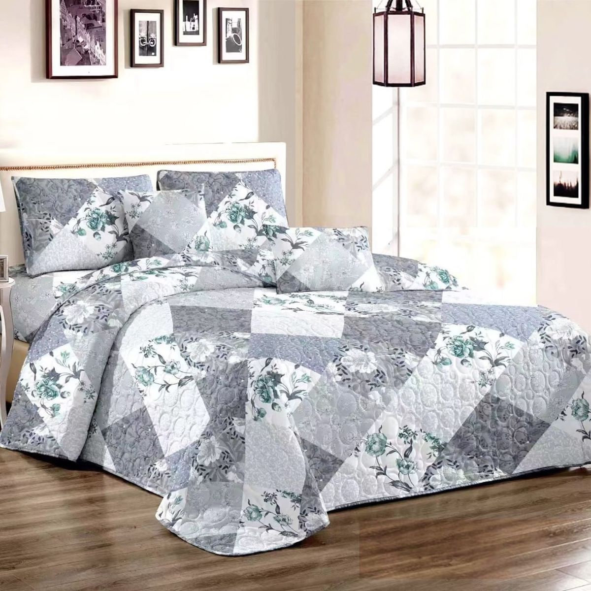 GENERICO - CUBRECAMA QUILT DE VERANO 1.5 PLAZA DISEÑO CUADROS GRISES  FLOR TF