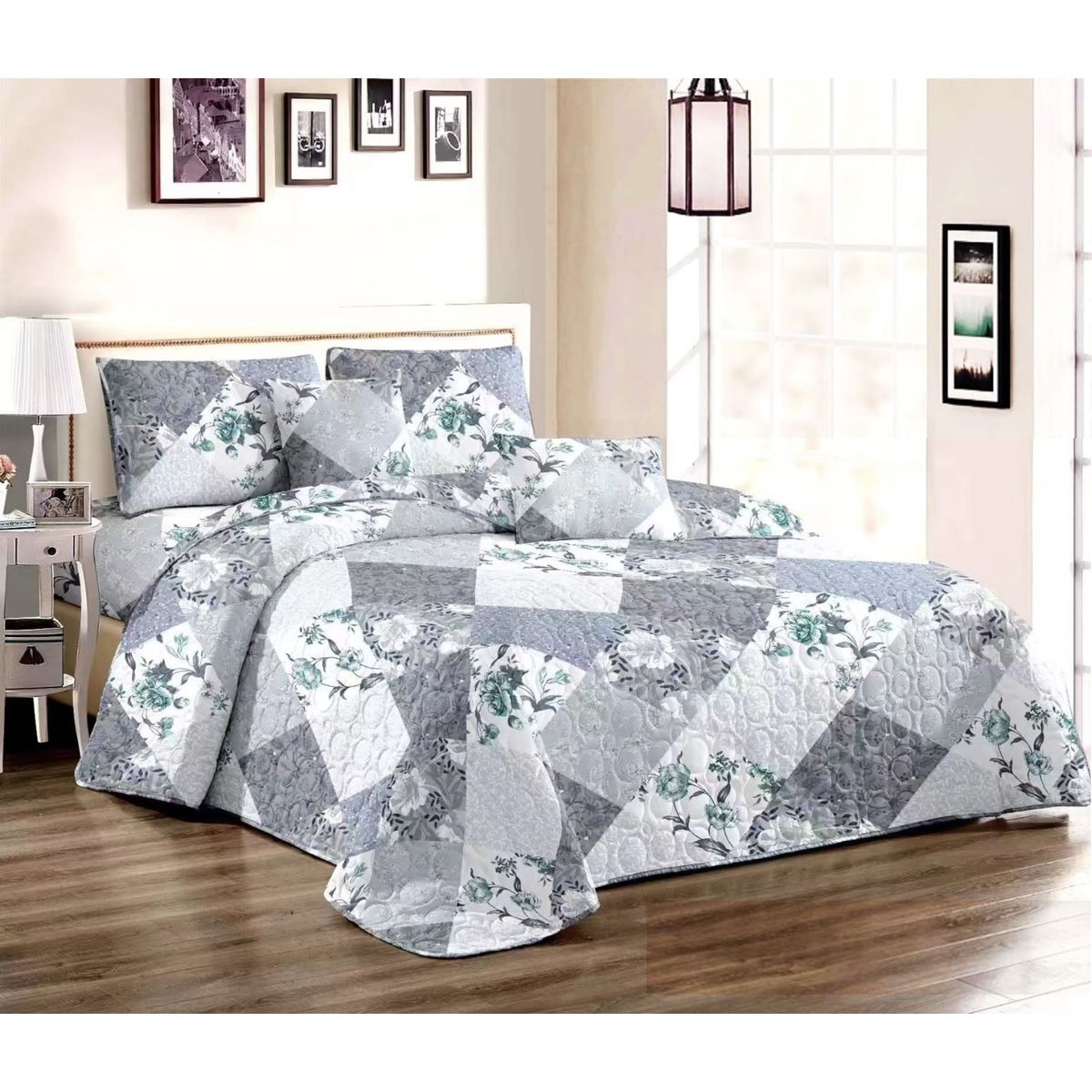 GENERICO - CUBRECAMA QUILT DE VERANO 1.5 PLAZA DISEÑO CUADROS GRISES  FLOR TF