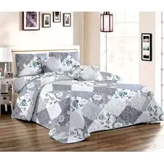 GENERICO - CUBRECAMA QUILT DE VERANO 1.5 PLAZA DISEÑO CUADROS GRISES FLOR TF