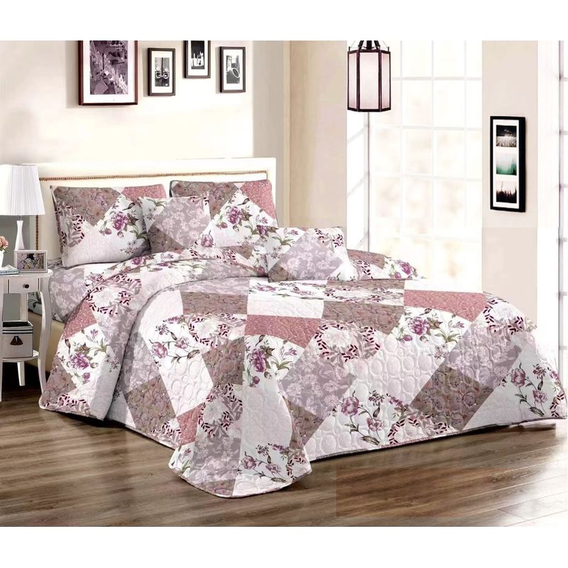 GENERICO - CUBRECAMA QUILT DE VERANO 1.5 PLAZA DISEÑO CUADROS MARRON  FLOR TF