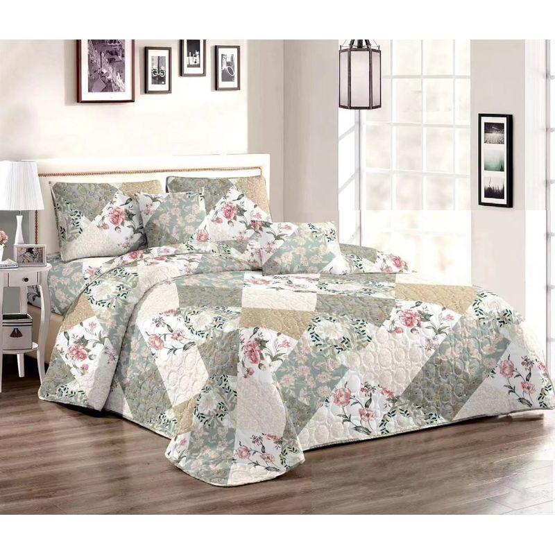 GENERICO - CUBRECAMA QUILT DE VERANO 1.5 PLAZA DISEÑO CUADROS FLORES TF