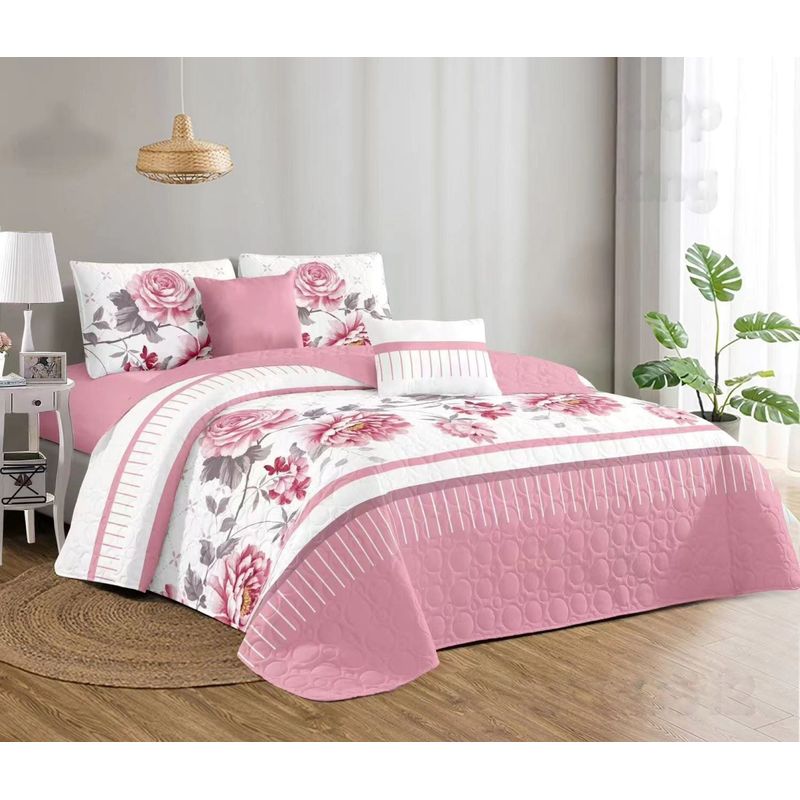 GENERICO - CUBRECAMA QUILT DE VERANO 2 PLAZA DISEÑO ROSA ROSADA TF