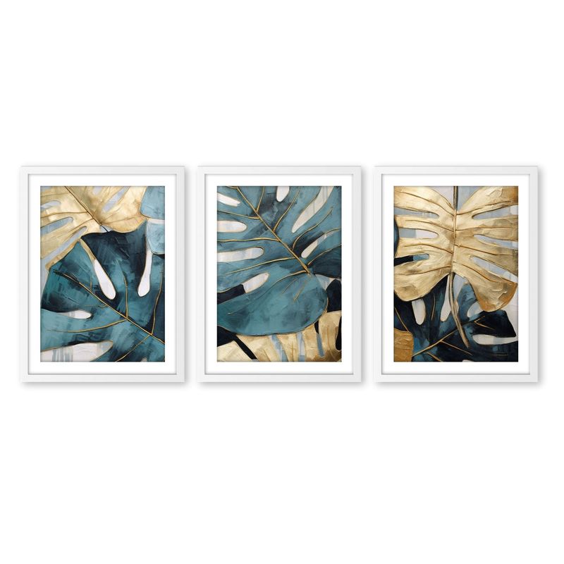 ALCUADRADO - Set Triple Cuadros Plantas Doradas Blanco