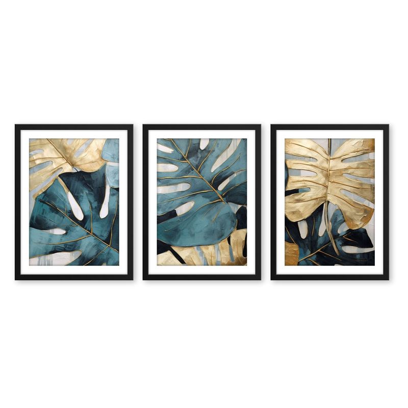 ALCUADRADO - Set Triple Cuadros Plantas Doradas Negro