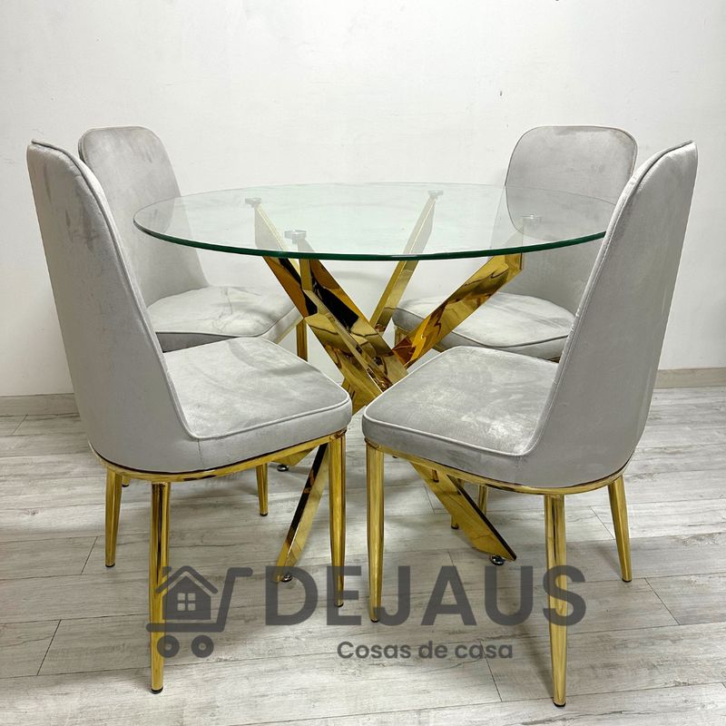 GENERICO - Mesa Dubai Dorada (120 cm) con 4 Sillas Eleganc Felpa Dorada - Gris