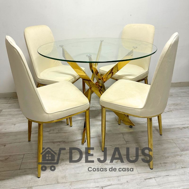 GENERICO - Mesa Dubai Dorada (120 cm) con 4 Sillas Eleganc Felpa Dorada - Beige