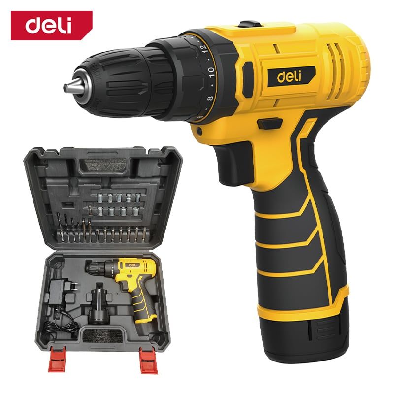 DELI - Set de Taladro Inalámbrico de Ion de Litio 12V con Batería 20Ah