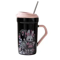 GENERICO - Mug De Cerámica, Con Tapa Y Bombilla, Kawaii 470 Ml