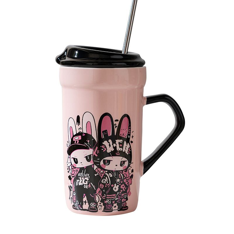 GENERICO - Mug De Cerámica, Con Tapa Y Bombilla, Kawaii 470 Ml
