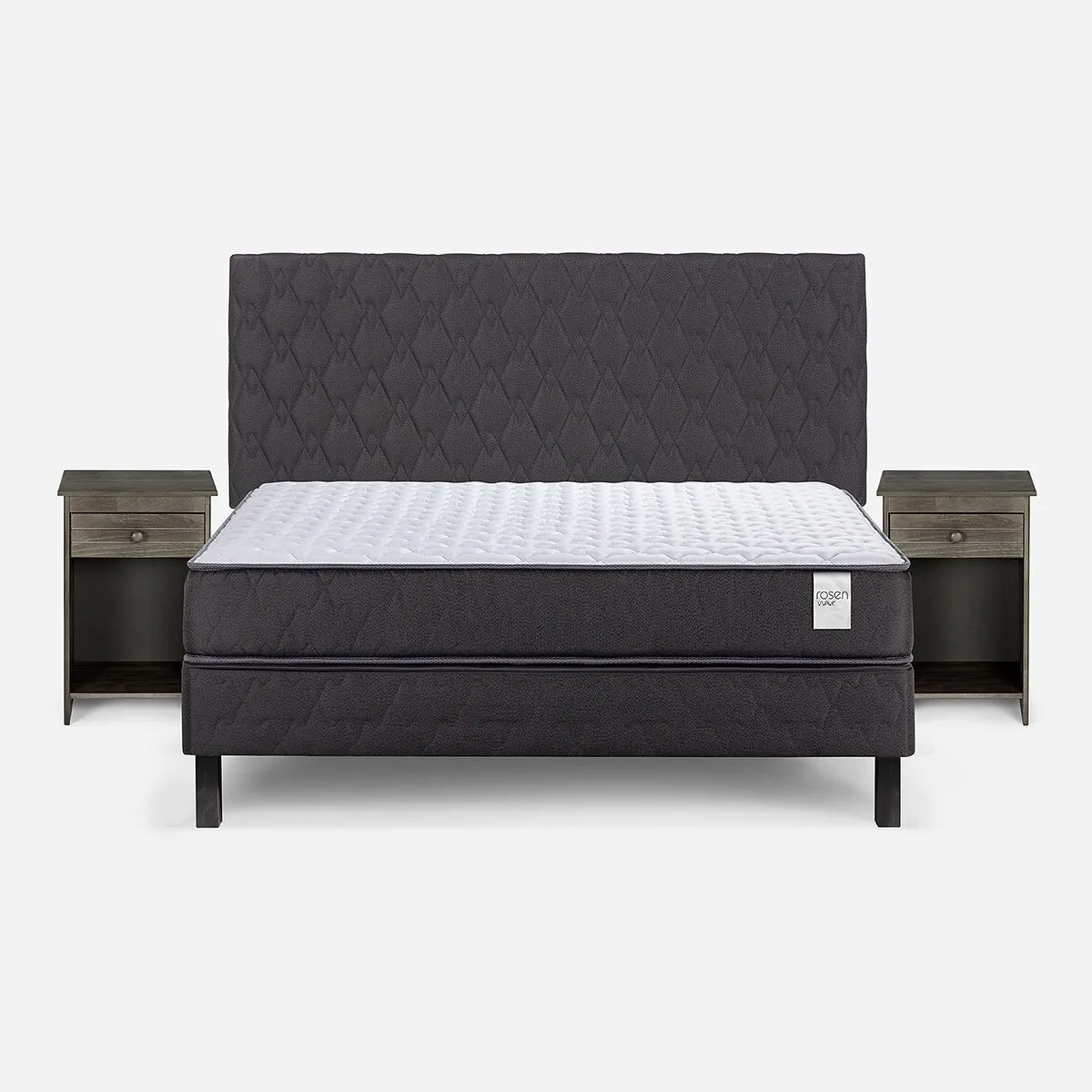 ROSEN - Cama Europea Wave 2 Plazas + Respaldo Ivar Grafito+Veladores
