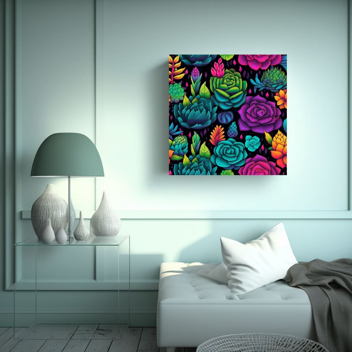 GENERICO - Canva De Acuarela Con Flores Y Suculentas Al 90x90 Cm